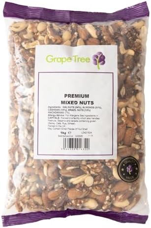 Grape Tree Mixed Nuts 1kg Raw & Unsalted Almonds, Walnuts, Cashews, Peanuts. Nutritious Vegan, Keto Friendly Snack Mix. Selection of Raw Mixed Nuts For Snacking