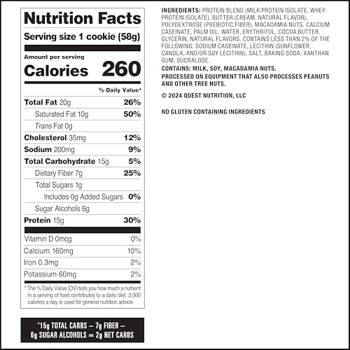 Quest Nutrition Chocolate Chip Protein Cookie, 15g Protein, 1g Sugar, 2g Net Carbs, Keto Friendly, High Protein, Low Carb; 12 Count
