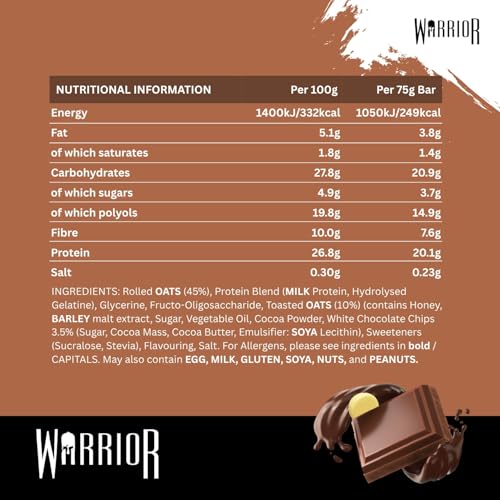 Warrior Raw Protein Bars – 20g Protein Per Bar – High Protein Snack Bars Multipack (12 or 24 Bars, 75g Each) – Low Sugar, High Fibre Breakfast & Meal Replacement Bar – Chocolate Brownie Flapjack