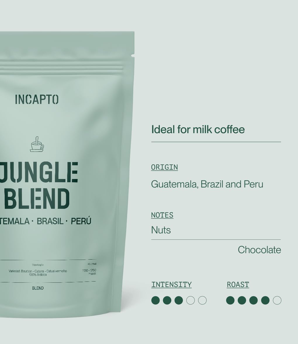 Incapto Medium Roast Jungle Blend Whole Bean Coffee 500g | Natural Rich Aroma and Flavor | Blend of Origins – Guatemala, Brazil, and Peru | 100% Arabica | Specialty Coffee 80 SCA Points