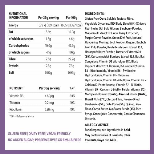 INDI High Fibre Gut Health Bars — Made of 20 Superfoods, Vegan & Gluten Free — Plant Based with Nuts, Seeds & Fruit — No Added Sugar, Natural Energy — 12 Pack, Made in UK