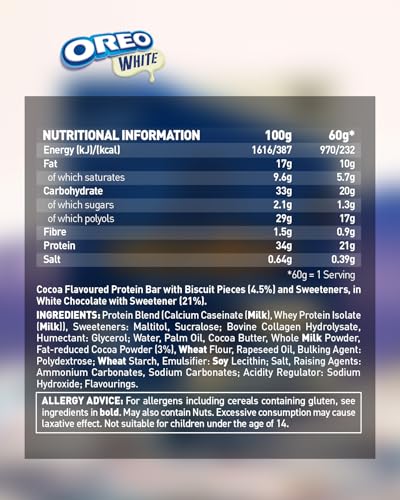 Grenade OREO White High Protein, Low Sugar Bars, 12 x 60 g – 21 g Protein per Snack Bar with Crunchy OREO Pieces & White Chocolate Coating