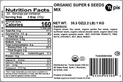 Yupik Organic Super 6 Seeds Mix, 2.2 lb (35.2 oz), GMO-Free, Kosher, Vegan, Rich in Fiber, Nutritious Raw Snack & Topping, With Brown & Golden Flax Seeds, Sunflower, Sesame, Chia & Pumpkin