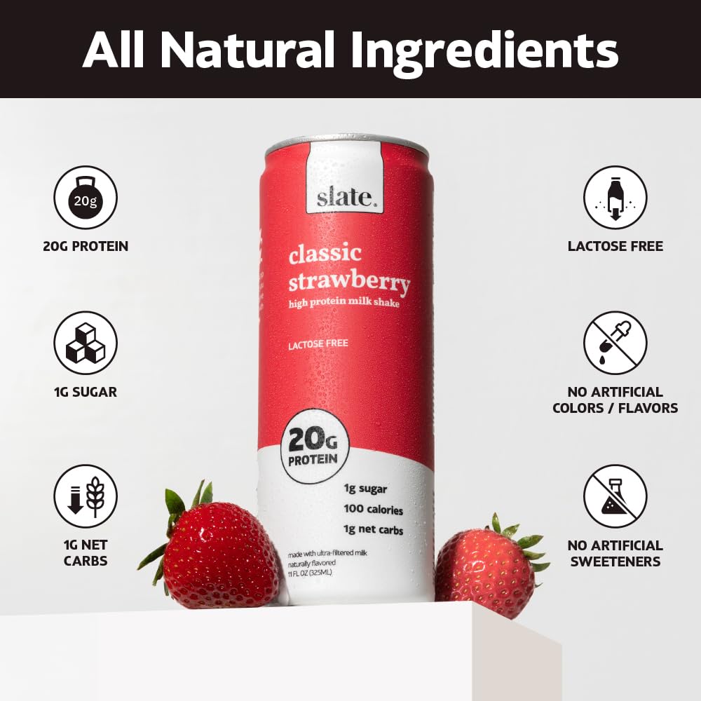 Slate Milk - High Protein Milk Shake - French Vanilla - Lactose Free, 20g Protein, 1g Sugar, 100 Calories, 1g Net Carbs, No Added Sugar - Natural, Breakfast Boost, Post Workout - 11 fl oz, 12 Cans
