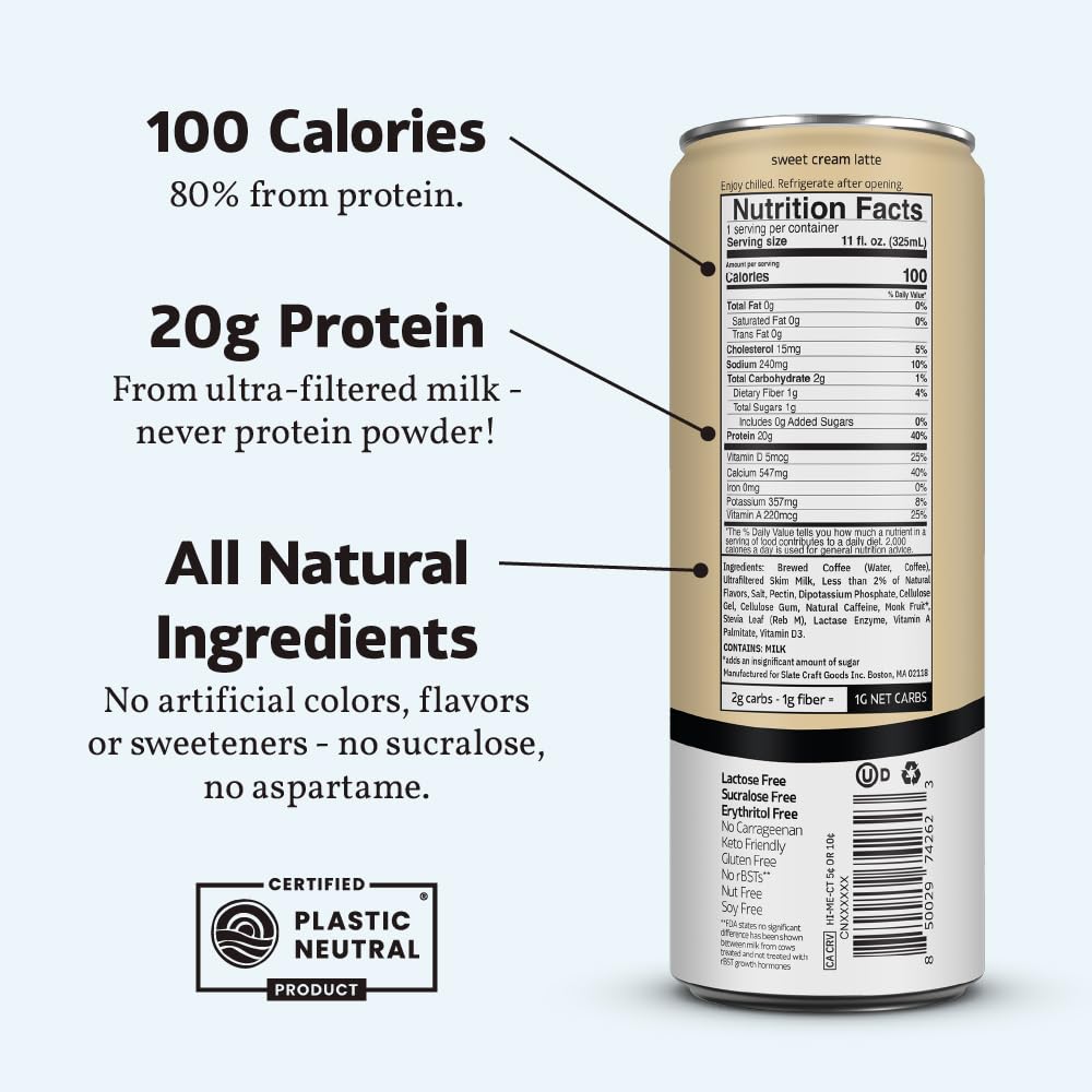 Slate Milk - High Protein Milk Shake - French Vanilla - Lactose Free, 20g Protein, 1g Sugar, 100 Calories, 1g Net Carbs, No Added Sugar - Natural, Breakfast Boost, Post Workout - 11 fl oz, 12 Cans