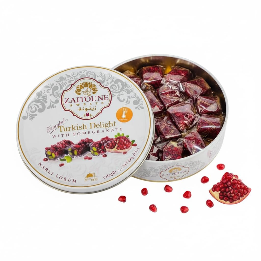 Zaitoune Turkish Delight Mix - 250 g | Luxury Assortment with Pomegranate, Pistachio & Rose Presented in a Beautiful Gift Tin | Authentic Lokum Sweets | Handmade in Turkey & Traditional Recipe