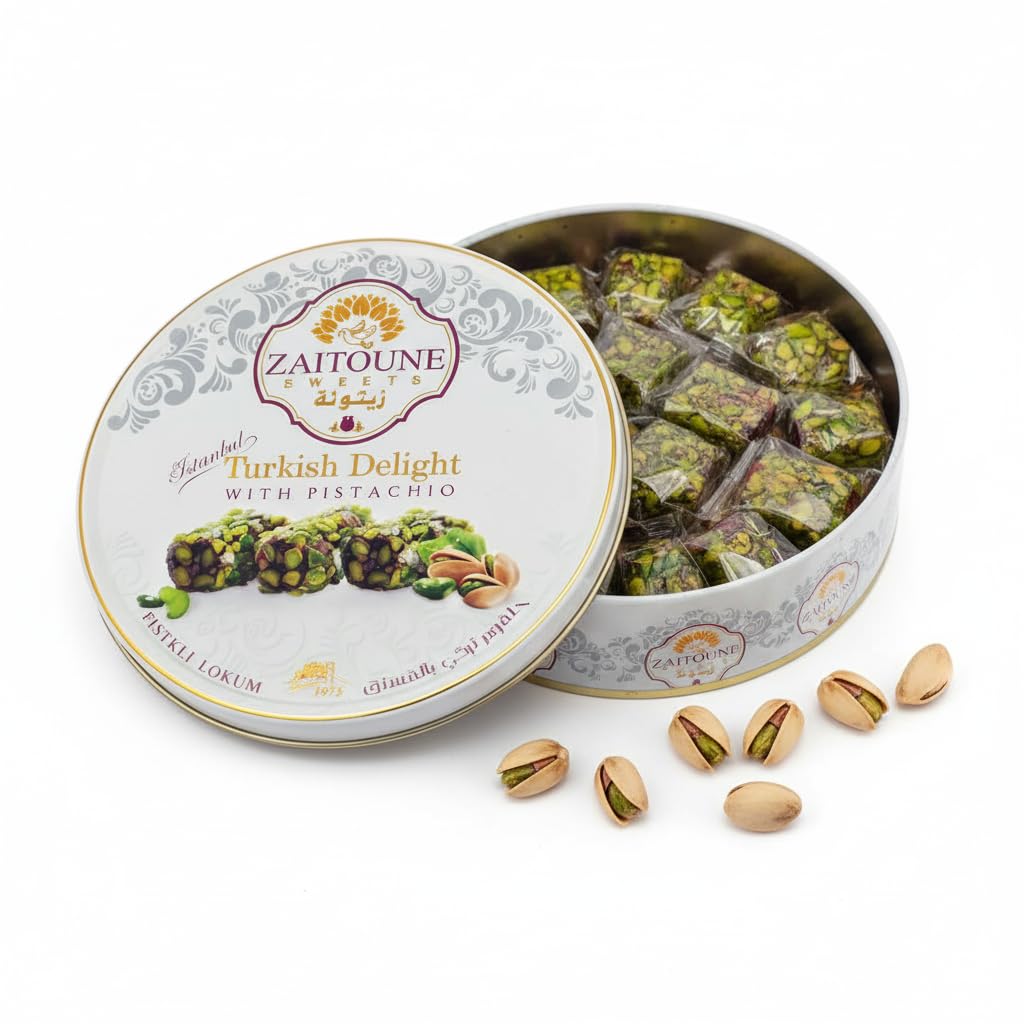 Zaitoune Turkish Delight Mix - 250 g | Luxury Assortment with Pomegranate, Pistachio & Rose Presented in a Beautiful Gift Tin | Authentic Lokum Sweets | Handmade in Turkey & Traditional Recipe