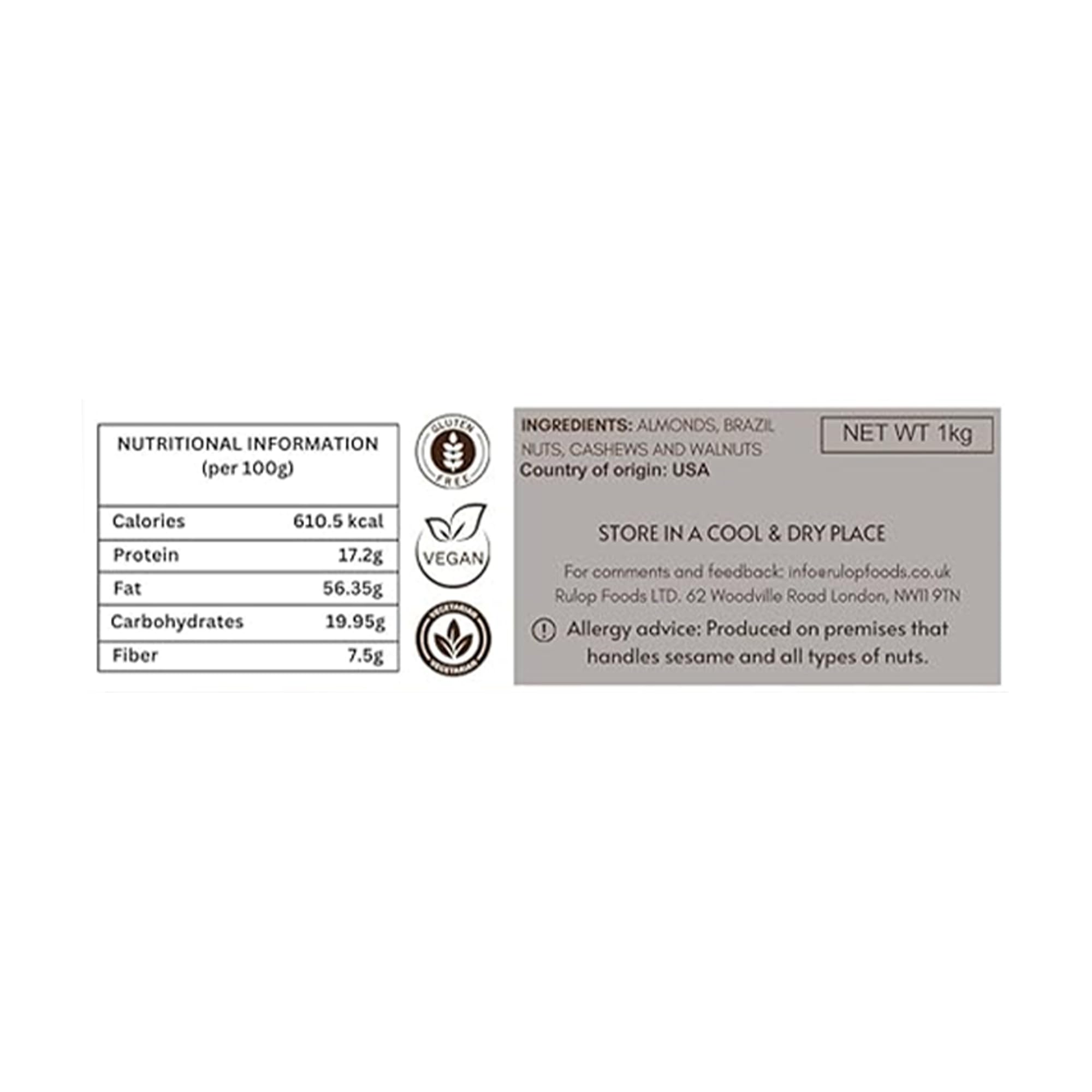 Rulop Mix Nuts 1kg: Raw & Unsalted Cashews, Almonds, Walnuts, Brazil Nuts - Nutritious Vegan, Keto, Vegetarian Snack Mix, Bulk Diet Treat & Wholesome Gift Choice