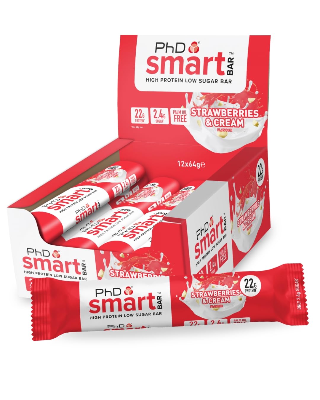 PhD Smart Hight Protein Bar Low Sugar, Nutritional Protein Bars/Protein Snacks, Chocolate Raspberry Flavour, 20g of Protein, 64g Bar (12 Pack)