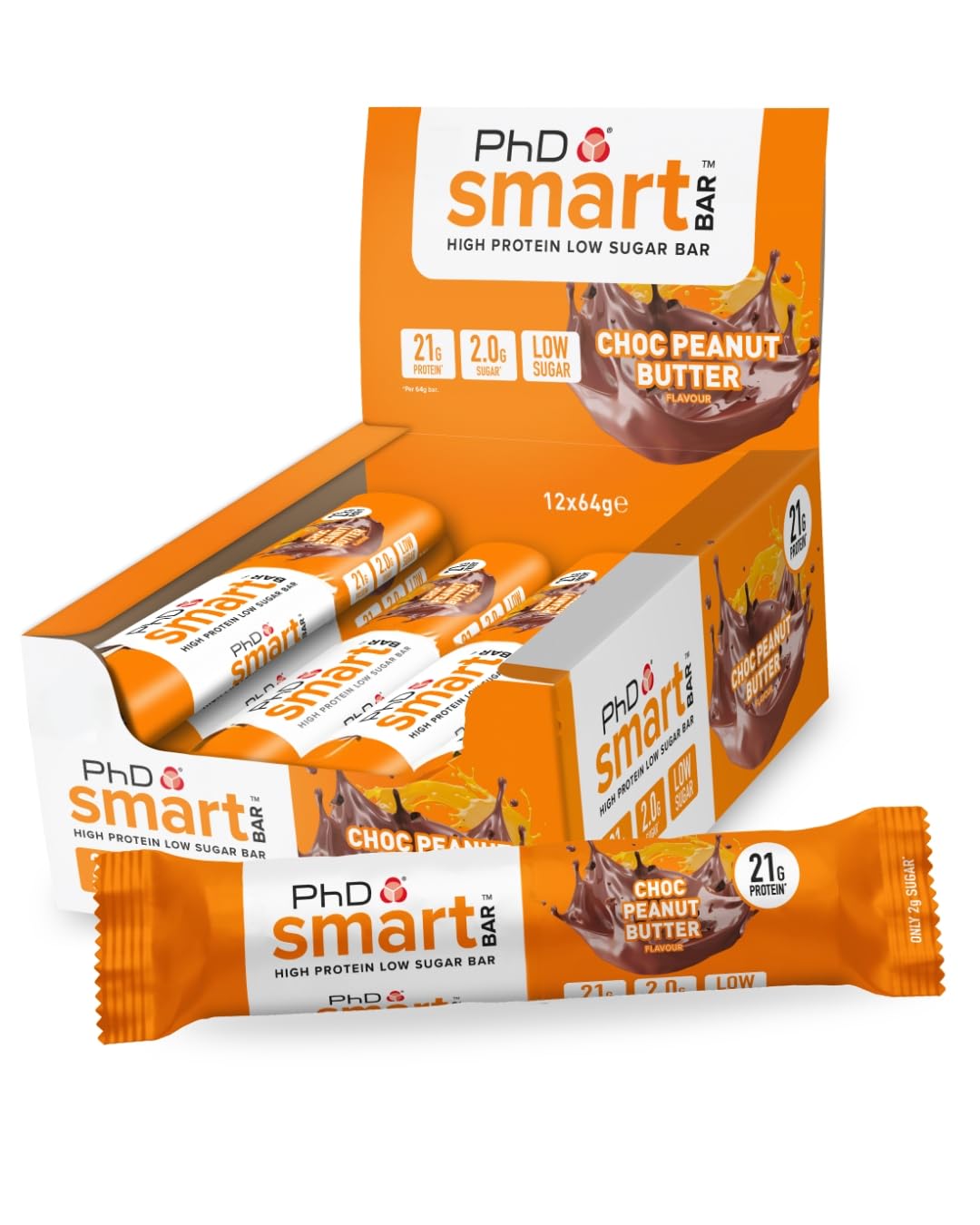 PhD Smart Hight Protein Bar Low Sugar, Nutritional Protein Bars/Protein Snacks, Chocolate Raspberry Flavour, 20g of Protein, 64g Bar (12 Pack)