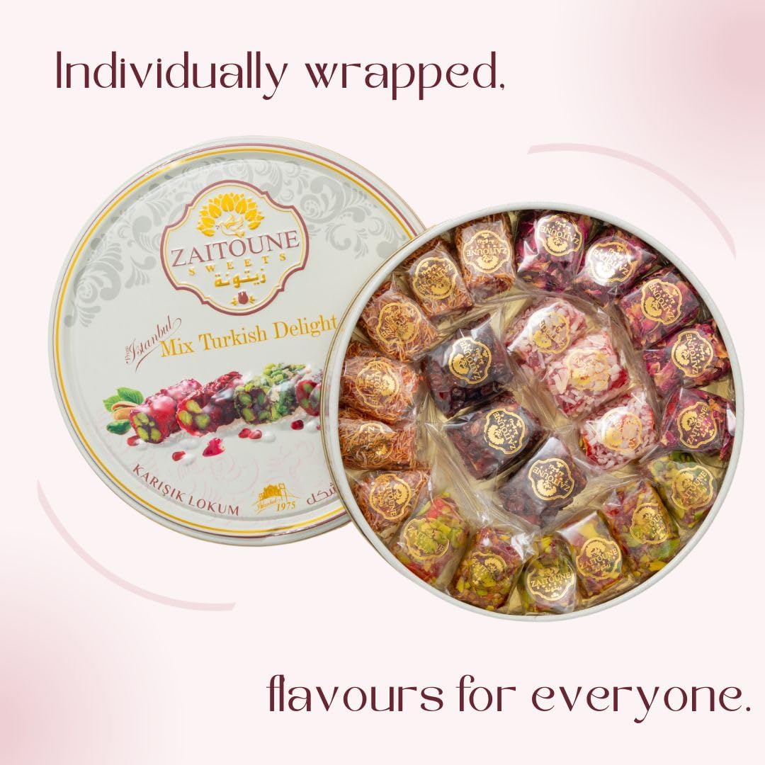 Zaitoune Turkish Delight Mix - 250 g | Luxury Assortment with Pomegranate, Pistachio & Rose Presented in a Beautiful Gift Tin | Authentic Lokum Sweets | Handmade in Turkey & Traditional Recipe