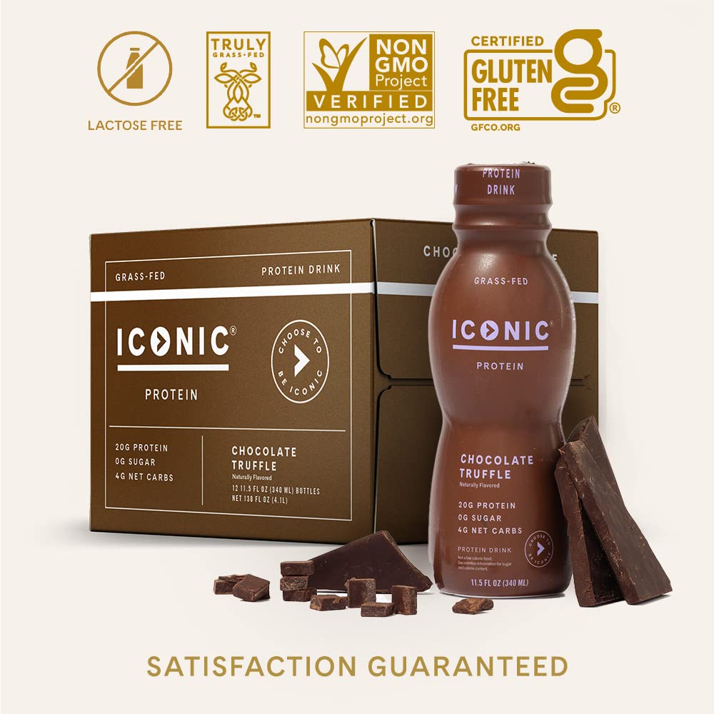 Iconic Protein Drinks, Vanilla Bean (12 Pack) - Sugar Free & Low Carb - 20g Grass Fed Protein - Lactose Free, Gluten Free, Non-GMO, Kosher - Keto Friendly Protein Shakes