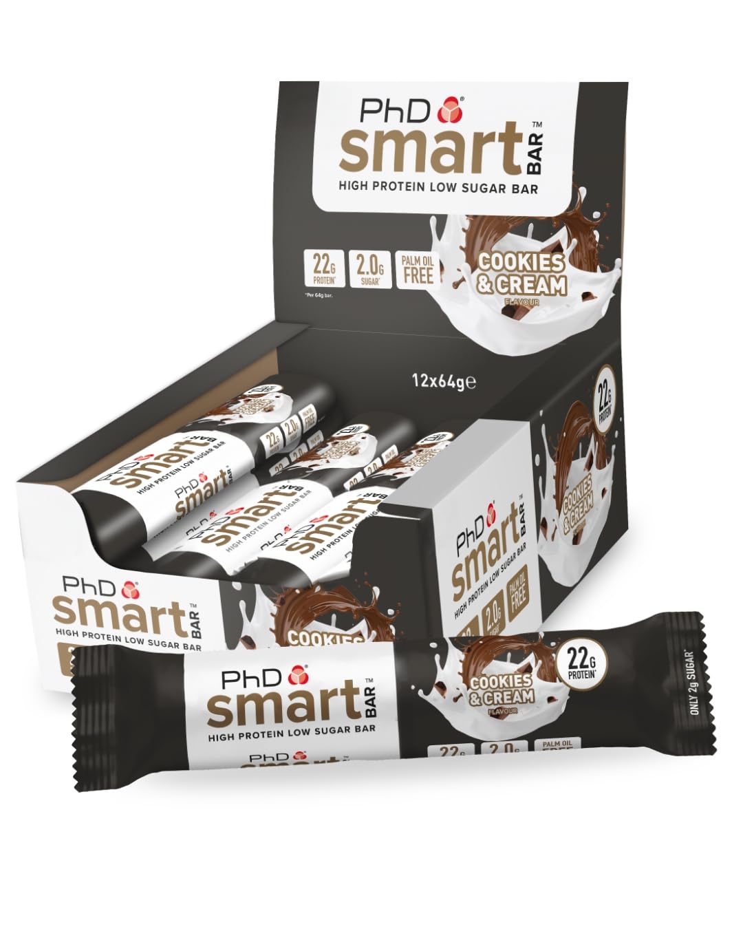 PhD Smart Hight Protein Bar Low Sugar, Nutritional Protein Bars/Protein Snacks, Chocolate Raspberry Flavour, 20g of Protein, 64g Bar (12 Pack)
