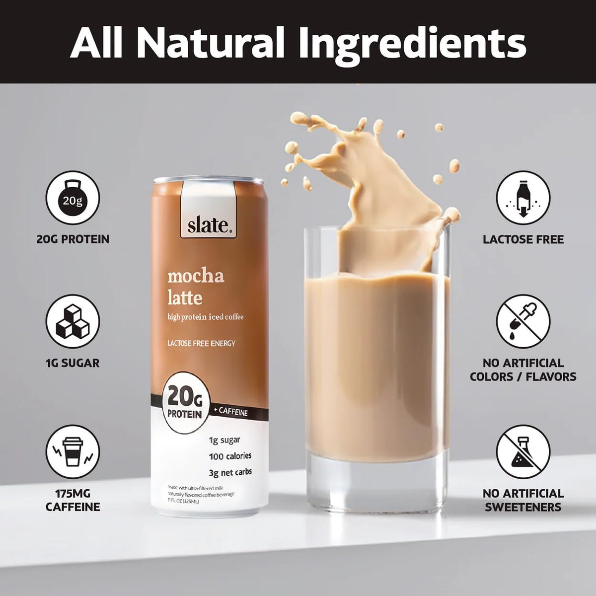Slate Milk - High Protein Milk Shake - French Vanilla - Lactose Free, 20g Protein, 1g Sugar, 100 Calories, 1g Net Carbs, No Added Sugar - Natural, Breakfast Boost, Post Workout - 11 fl oz, 12 Cans