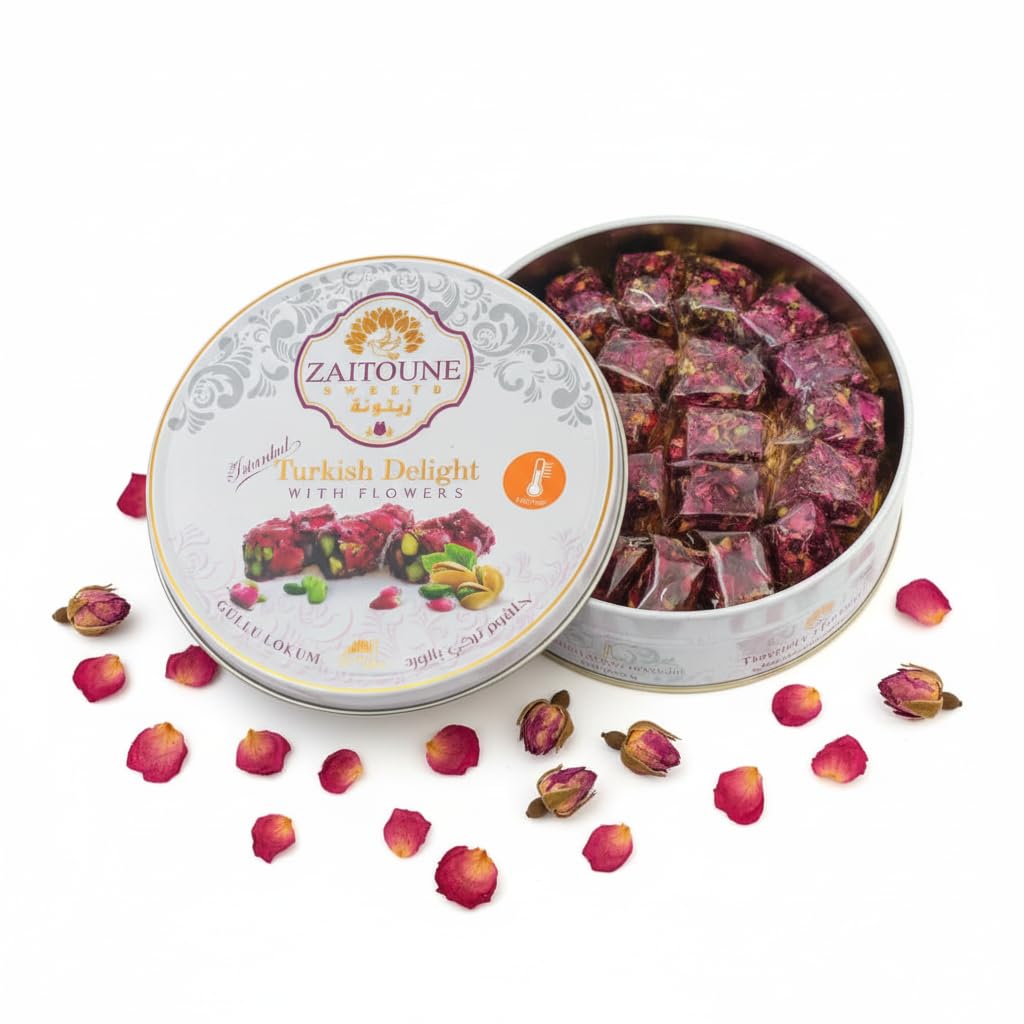 Zaitoune Turkish Delight Mix - 250 g | Luxury Assortment with Pomegranate, Pistachio & Rose Presented in a Beautiful Gift Tin | Authentic Lokum Sweets | Handmade in Turkey & Traditional Recipe