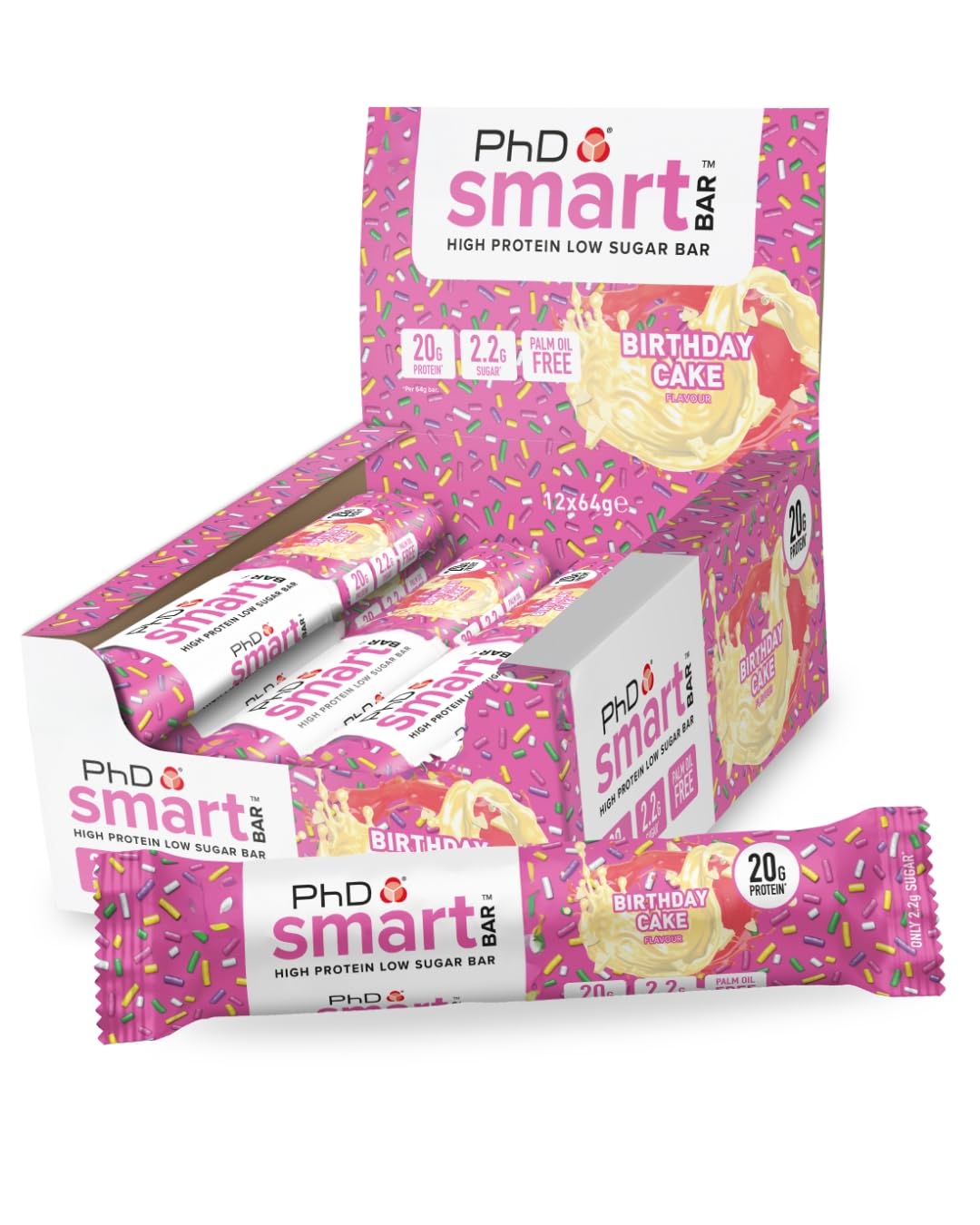 PhD Smart Hight Protein Bar Low Sugar, Nutritional Protein Bars/Protein Snacks, Chocolate Raspberry Flavour, 20g of Protein, 64g Bar (12 Pack)