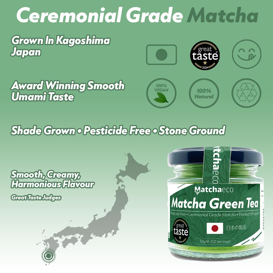 Matchaeco 2 x 50g [100g] Japanese Matcha Green Tea Powder |Authentic Stone Ground Ceremonial Grade From Japan | Natural Energy | Recyclable Jar | Vegan Baking Gift Ideas | Coffee Alternative