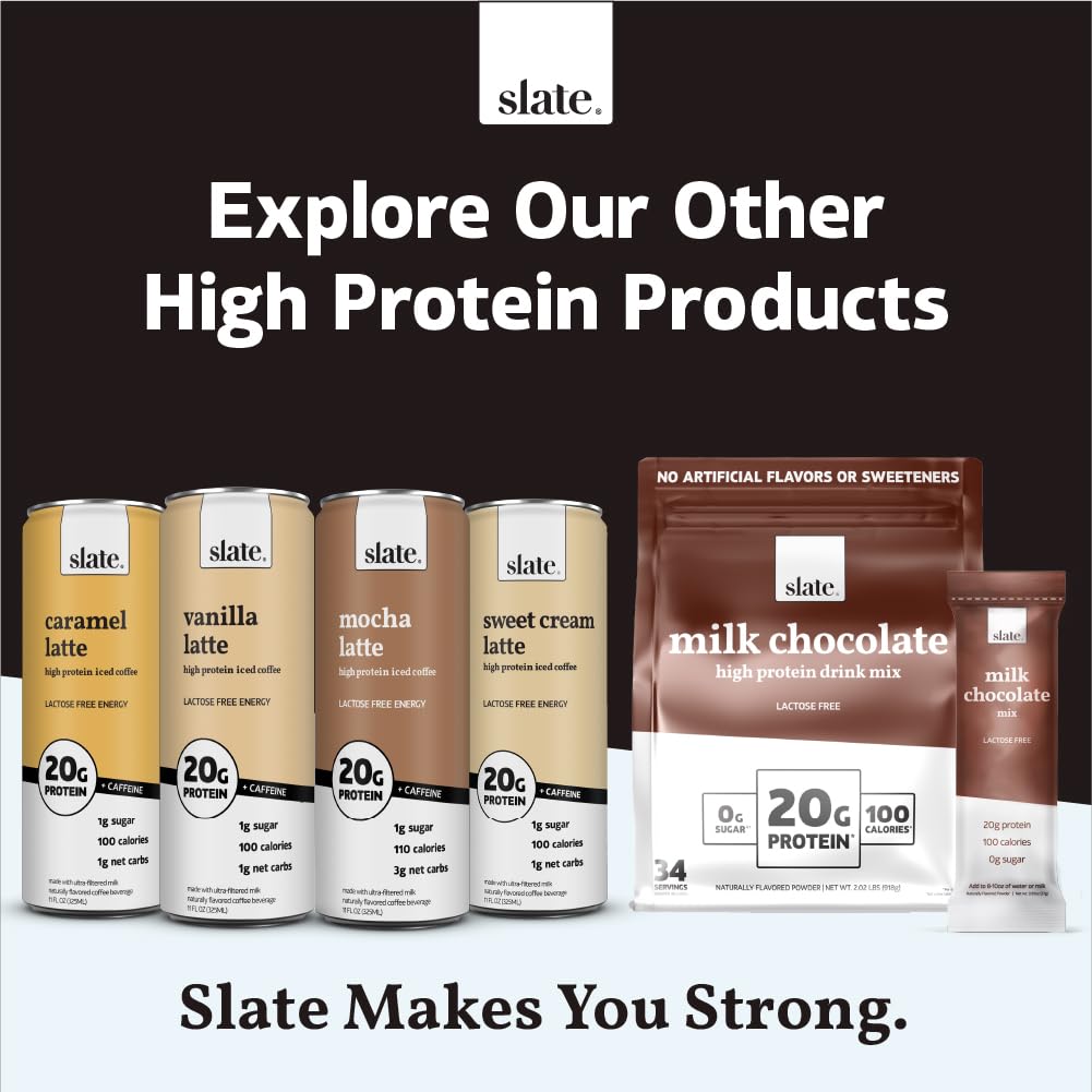 Slate Milk - High Protein Milk Shake - French Vanilla - Lactose Free, 20g Protein, 1g Sugar, 100 Calories, 1g Net Carbs, No Added Sugar - Natural, Breakfast Boost, Post Workout - 11 fl oz, 12 Cans