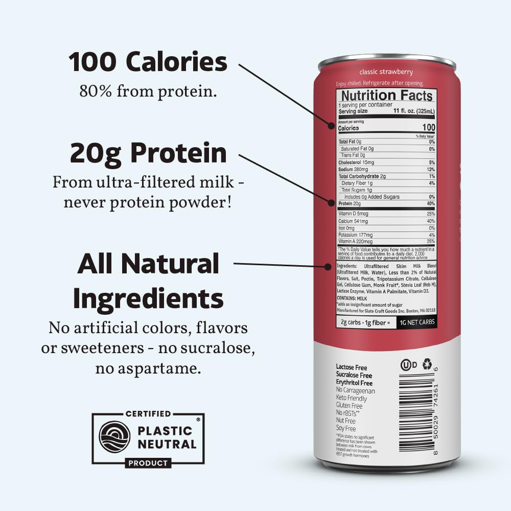 Slate Milk - High Protein Milk Shake - French Vanilla - Lactose Free, 20g Protein, 1g Sugar, 100 Calories, 1g Net Carbs, No Added Sugar - Natural, Breakfast Boost, Post Workout - 11 fl oz, 12 Cans