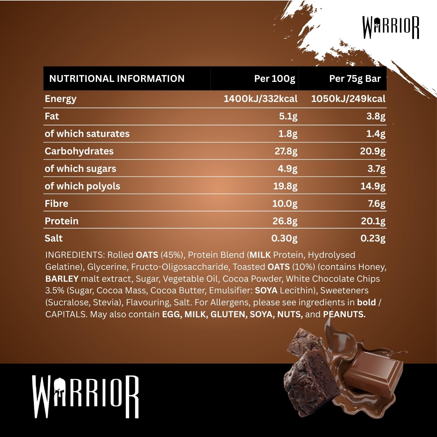 Warrior Raw Protein Bars – 20g Protein Per Bar – High Protein Snack Bars Multipack (12 or 24 Bars, 75g Each) – Low Sugar, High Fibre Breakfast & Meal Replacement Bar – Chocolate Brownie Flapjack