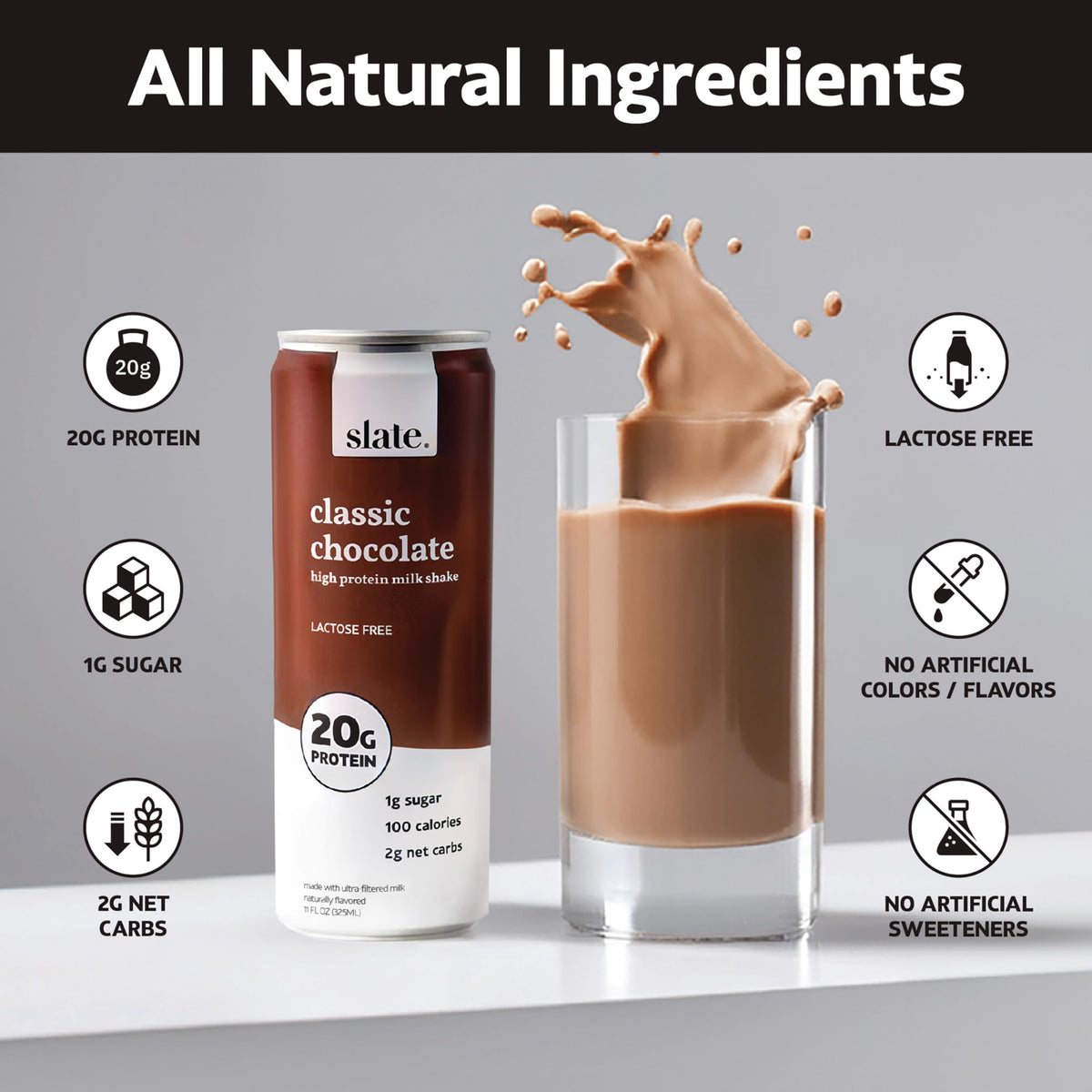 Slate Milk - High Protein Milk Shake - French Vanilla - Lactose Free, 20g Protein, 1g Sugar, 100 Calories, 1g Net Carbs, No Added Sugar - Natural, Breakfast Boost, Post Workout - 11 fl oz, 12 Cans