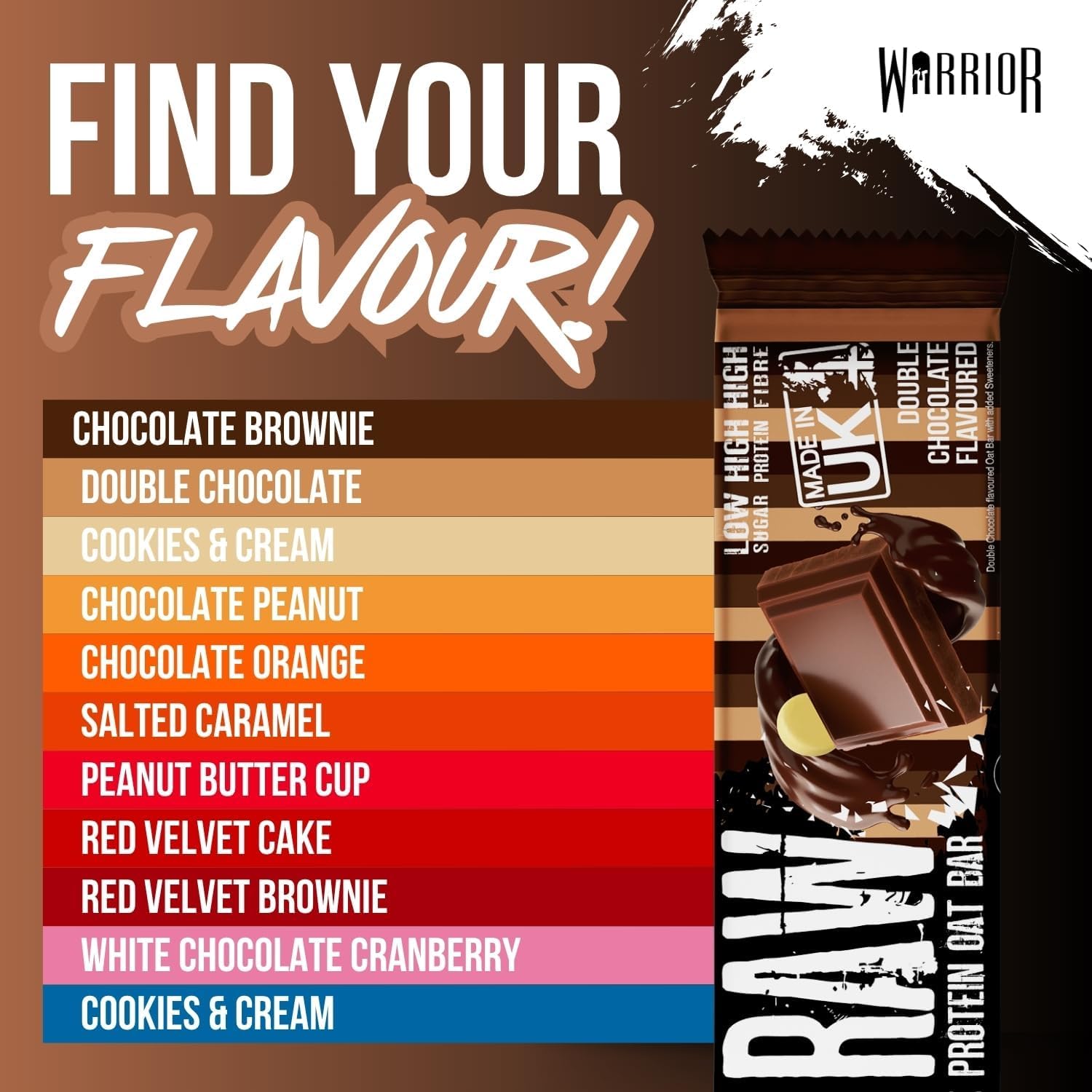 Warrior Raw Protein Bars – 20g Protein Per Bar – High Protein Snack Bars Multipack (12 or 24 Bars, 75g Each) – Low Sugar, High Fibre Breakfast & Meal Replacement Bar – Chocolate Brownie Flapjack