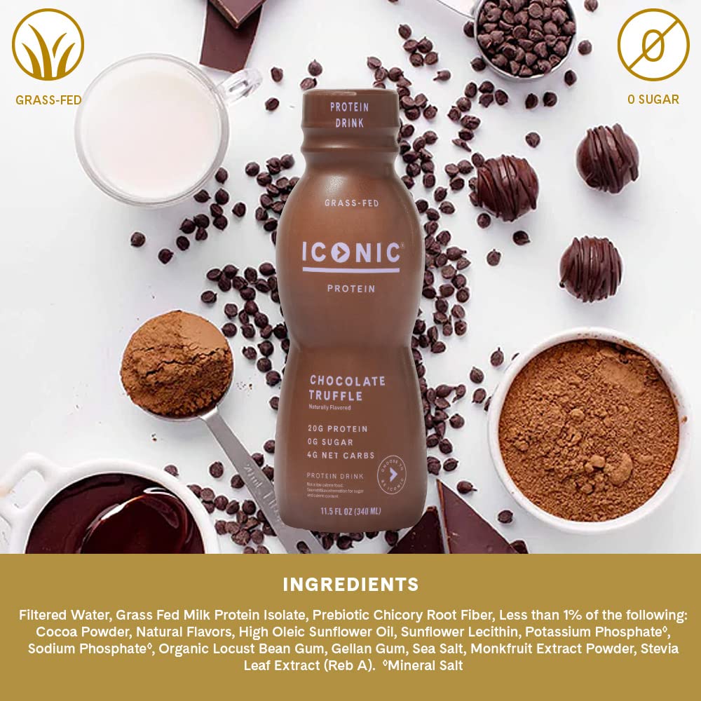 Iconic Protein Drinks, Vanilla Bean (12 Pack) - Sugar Free & Low Carb - 20g Grass Fed Protein - Lactose Free, Gluten Free, Non-GMO, Kosher - Keto Friendly Protein Shakes