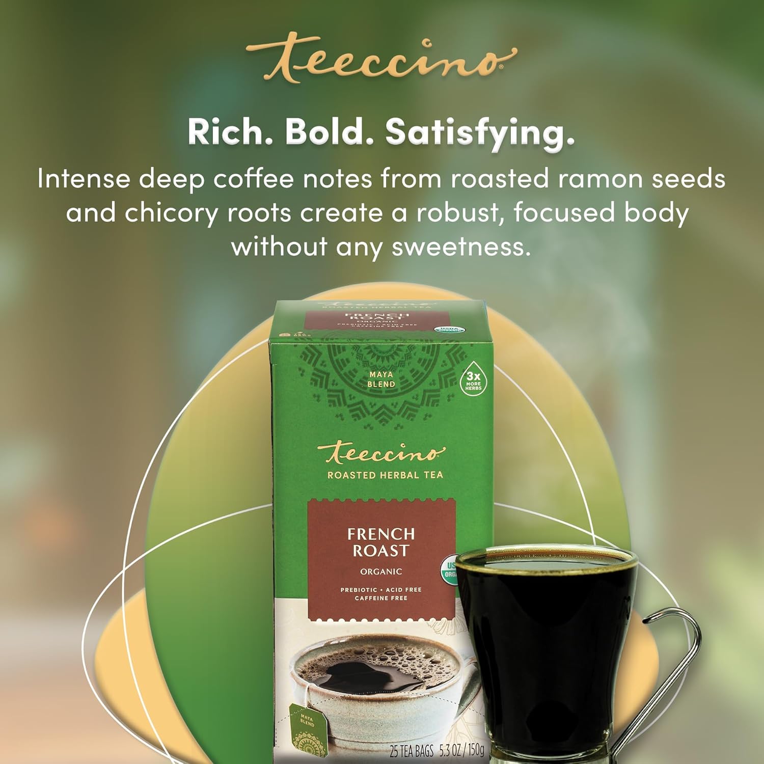 Teeccino French Roast Herbal Tea - Rich & Roasted Herbal Tea That’s Caffeine Free & Prebiotic for Natural Energy, Coffee Alternative, 25 Tea Bags