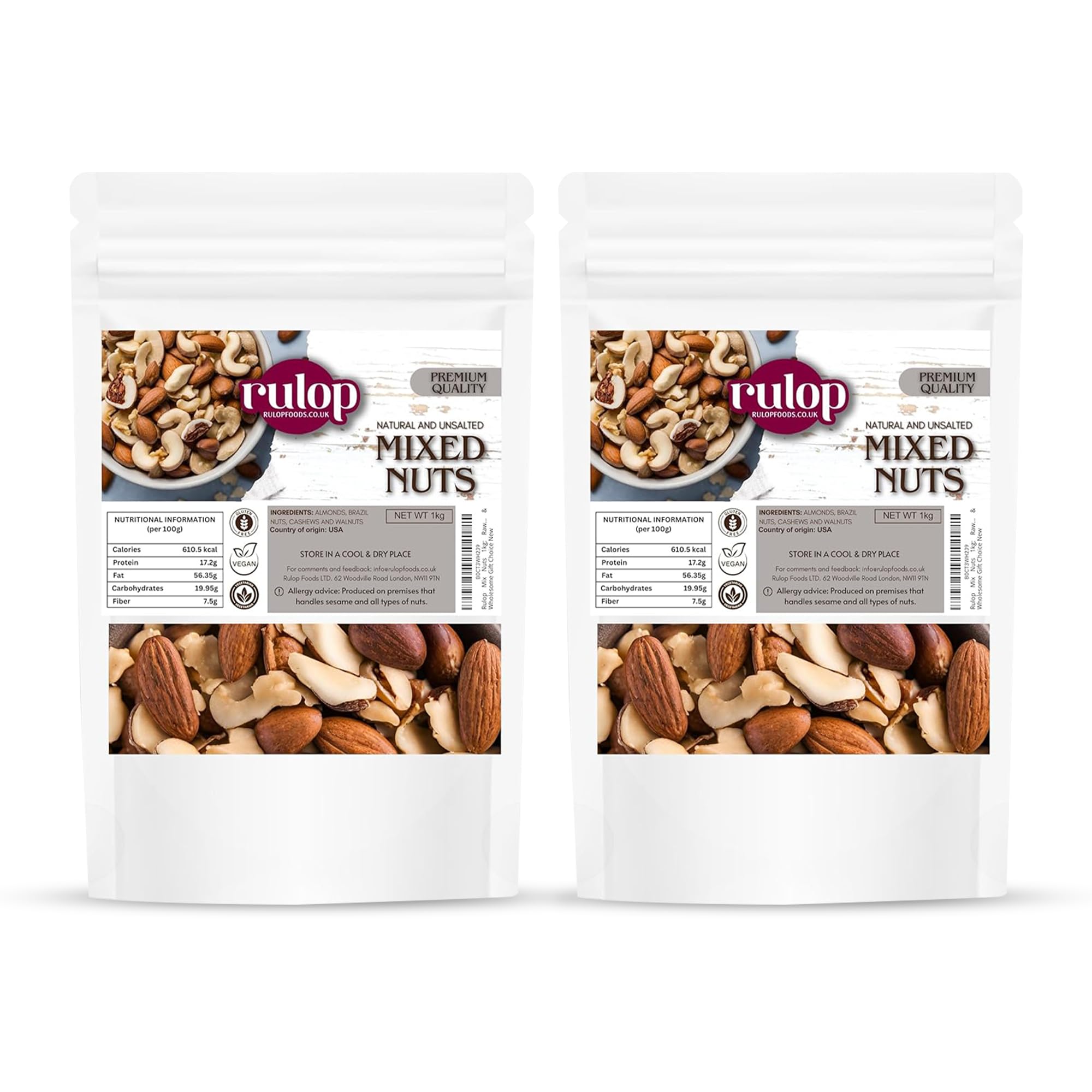 Rulop Mix Nuts 1kg: Raw & Unsalted Cashews, Almonds, Walnuts, Brazil Nuts - Nutritious Vegan, Keto, Vegetarian Snack Mix, Bulk Diet Treat & Wholesome Gift Choice