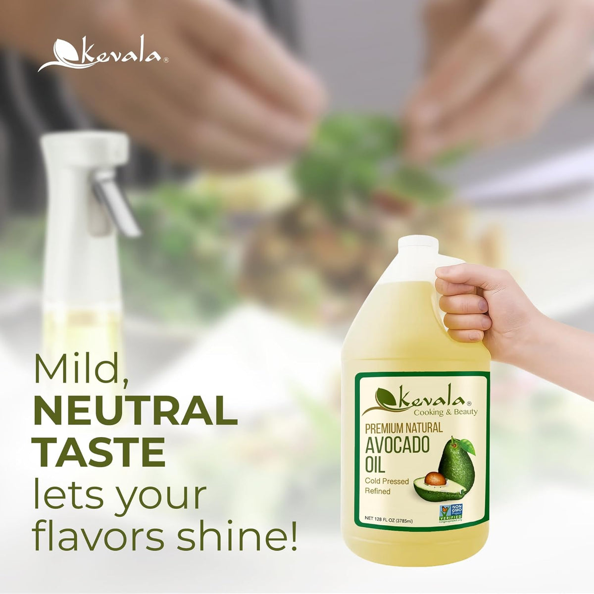 Kevala Avocado Oil – Cold Pressed | Non‑GMO Project Verified & Kosher | Multipurpose for High Smoke Point Cooking, Roasting, Sautéing & Skin Moisturizing – Ideal Kitchen Staple – 128 Fl Oz (Pack of 1)