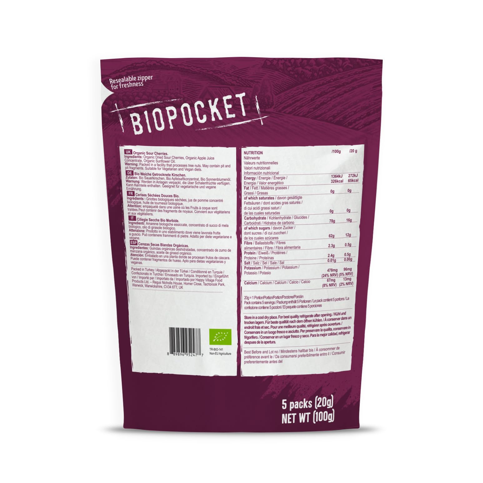 Biopocket Organic Dried Apricots, 2 x 500 g