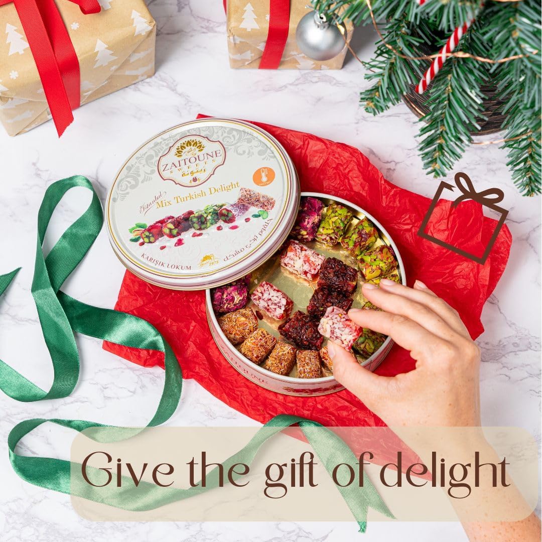 Zaitoune Turkish Delight Mix - 250 g | Luxury Assortment with Pomegranate, Pistachio & Rose Presented in a Beautiful Gift Tin | Authentic Lokum Sweets | Handmade in Turkey & Traditional Recipe