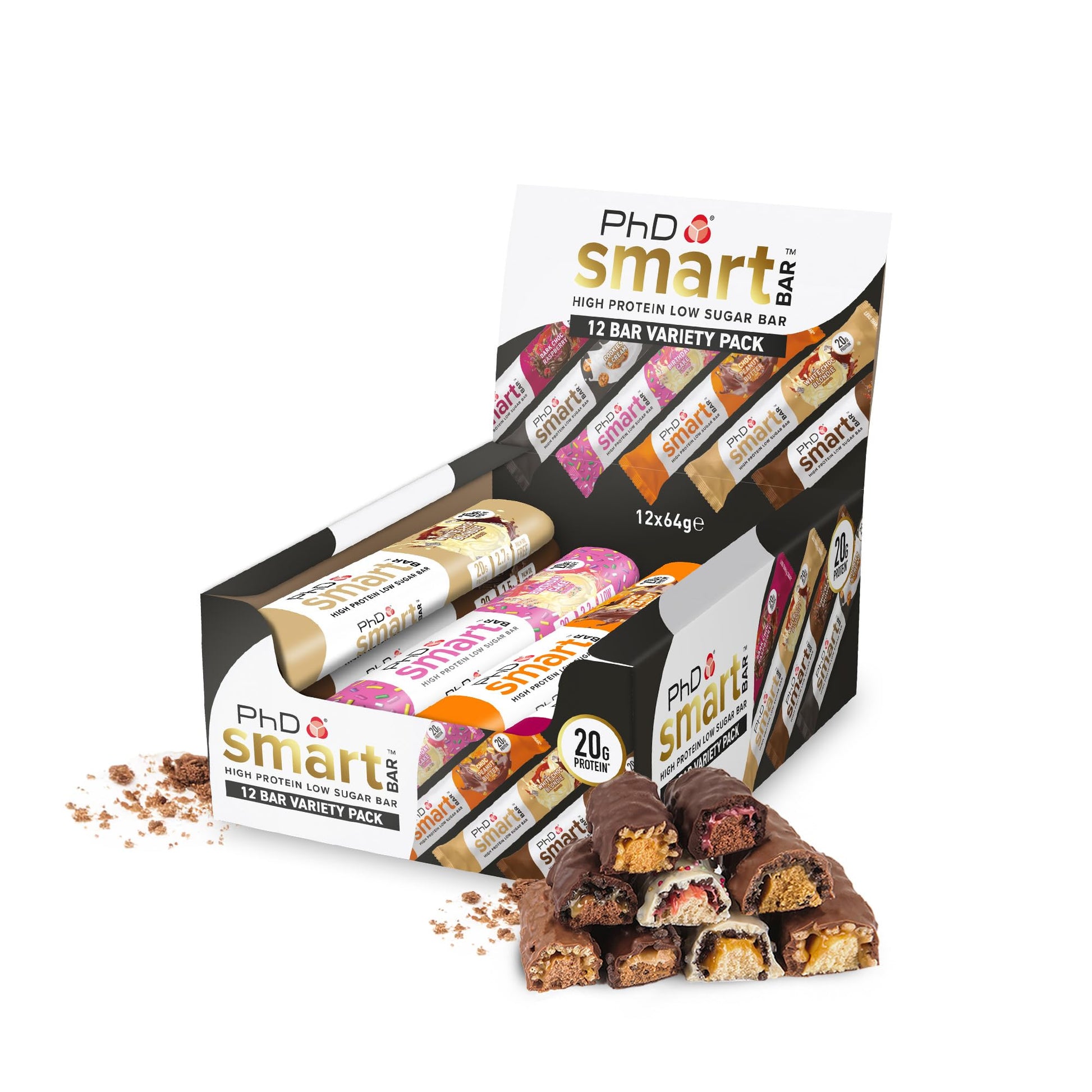 PhD Smart Hight Protein Bar Low Sugar, Nutritional Protein Bars/Protein Snacks, Chocolate Raspberry Flavour, 20g of Protein, 64g Bar (12 Pack)