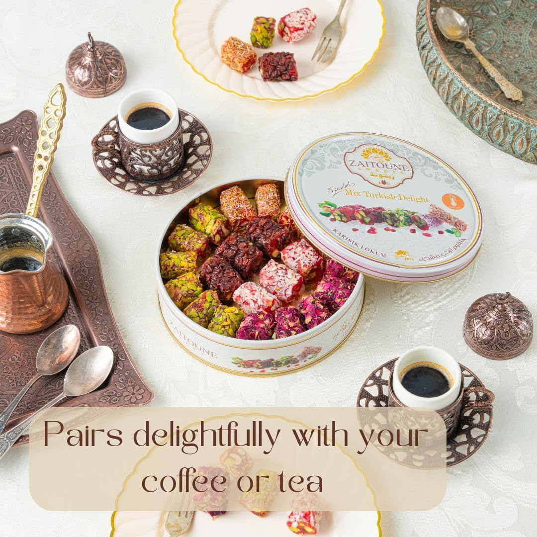 Zaitoune Turkish Delight Mix - 250 g | Luxury Assortment with Pomegranate, Pistachio & Rose Presented in a Beautiful Gift Tin | Authentic Lokum Sweets | Handmade in Turkey & Traditional Recipe