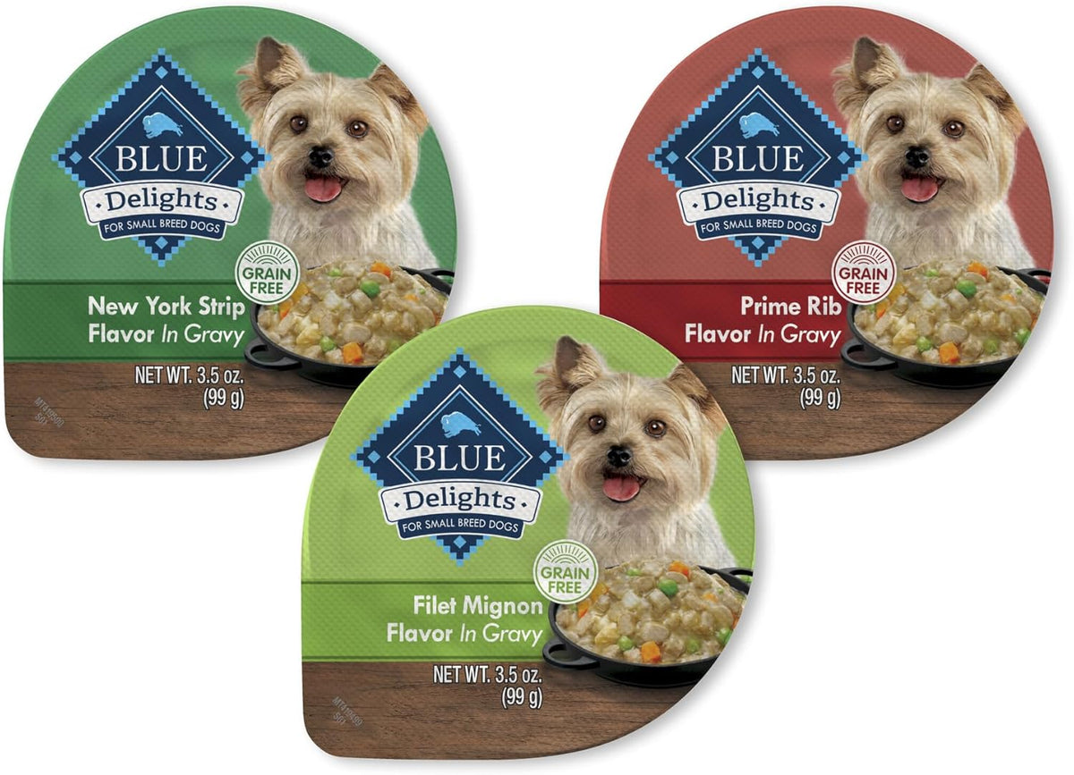 Blue Buffalo Delights Natural Adult Small Breed Wet Dog Food, Variety Pack, Made with Natural Ingredients, Filet Mignon & New York Strip Recipe in Hearty Gravy, 3.5-oz. Cups (12 Count, 6 of Each)
