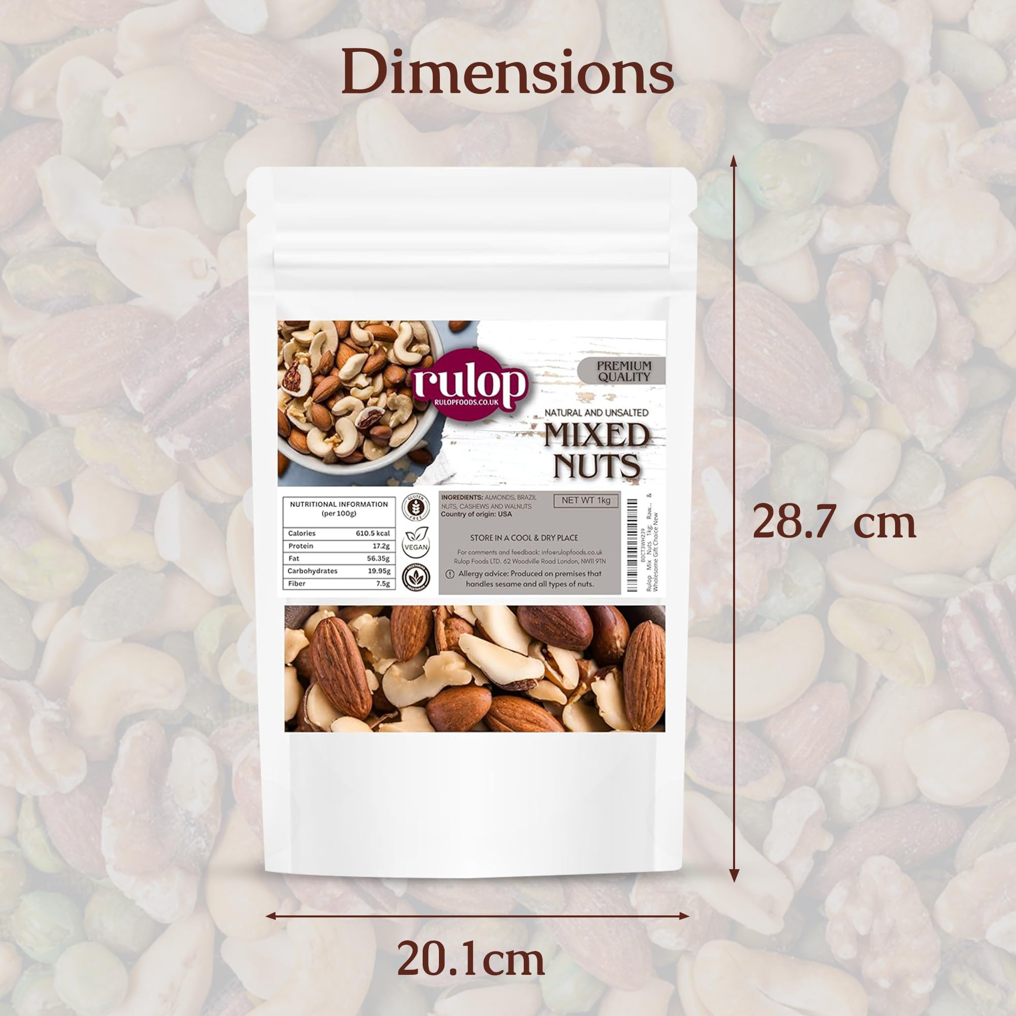 Rulop Mix Nuts 1kg: Raw & Unsalted Cashews, Almonds, Walnuts, Brazil Nuts - Nutritious Vegan, Keto, Vegetarian Snack Mix, Bulk Diet Treat & Wholesome Gift Choice