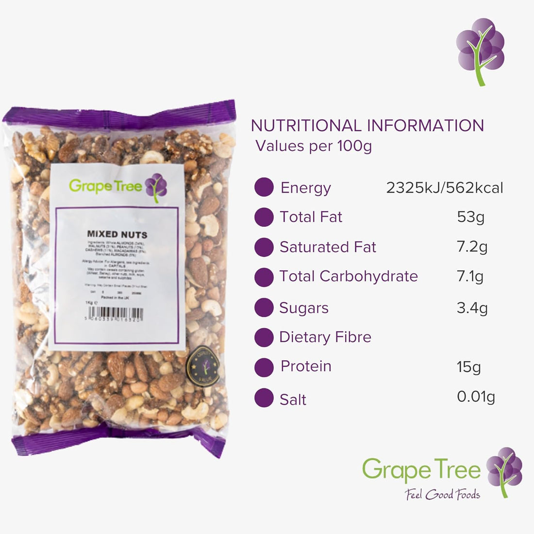 Grape Tree Mixed Nuts 1kg Raw & Unsalted Almonds, Walnuts, Cashews, Peanuts. Nutritious Vegan, Keto Friendly Snack Mix. Selection of Raw Mixed Nuts For Snacking