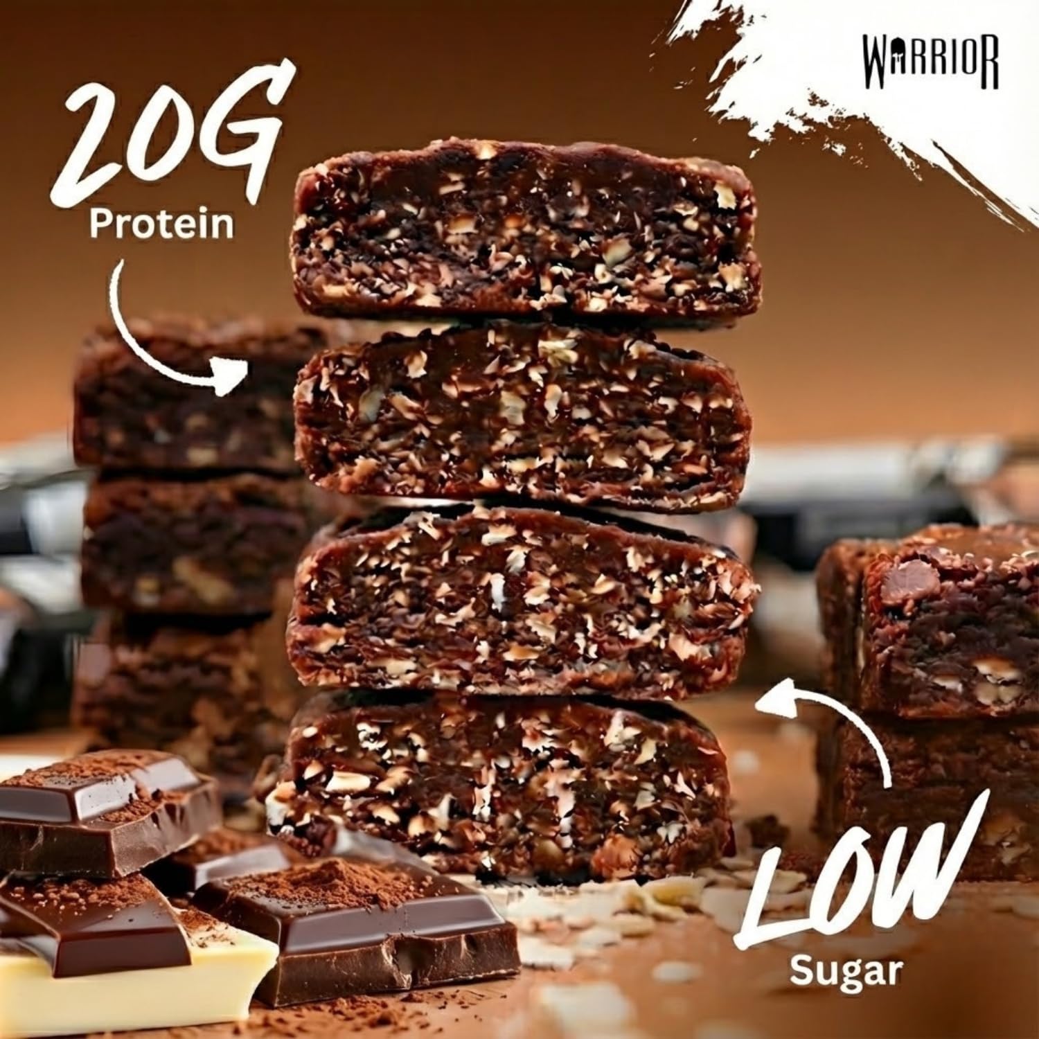 Warrior Raw Protein Bars – 20g Protein Per Bar – High Protein Snack Bars Multipack (12 or 24 Bars, 75g Each) – Low Sugar, High Fibre Breakfast & Meal Replacement Bar – Chocolate Brownie Flapjack