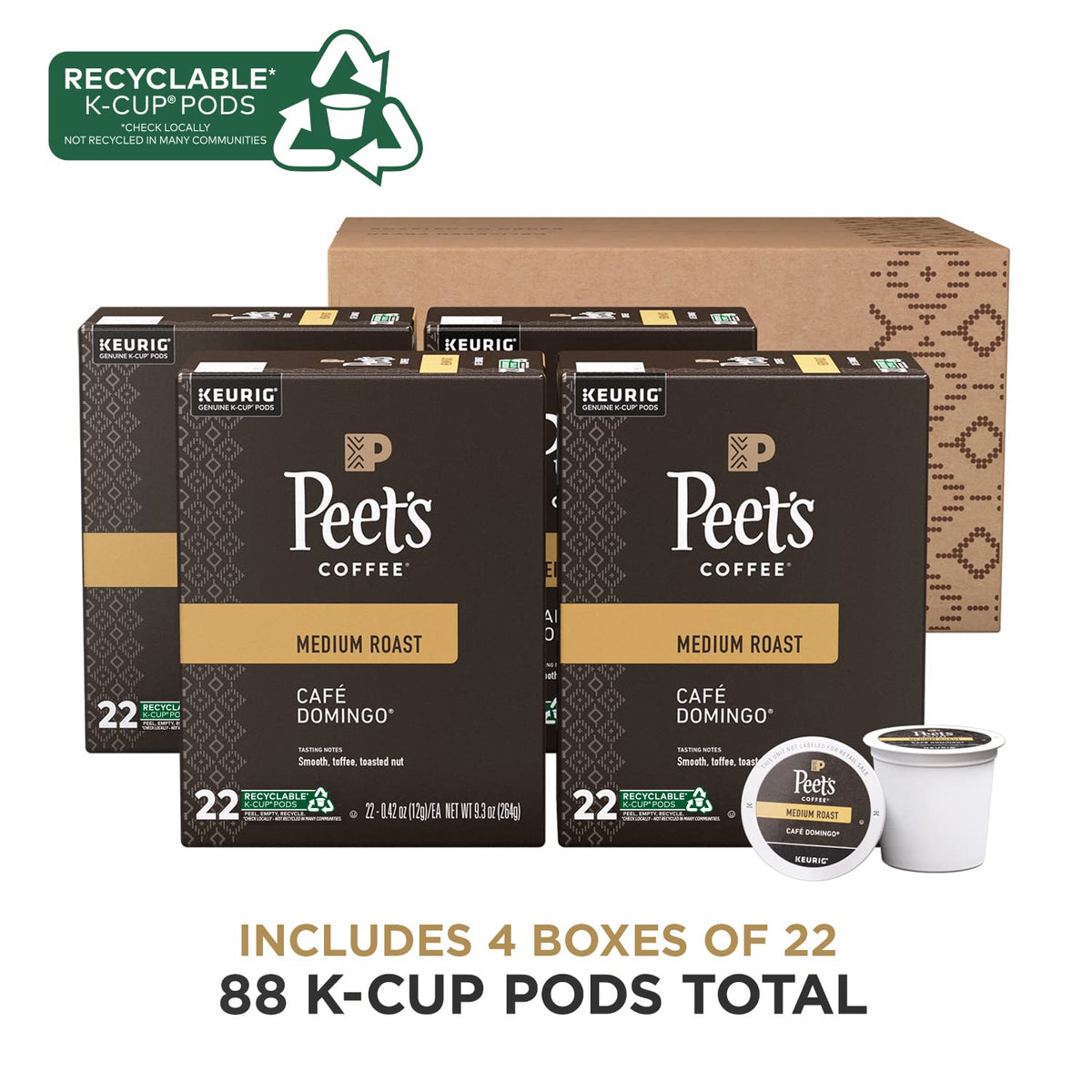 Peet's Coffee, Medium Roast Keurig K-Cup Pods - Café Domingo 54 Count (1 Box of 54 Pods)