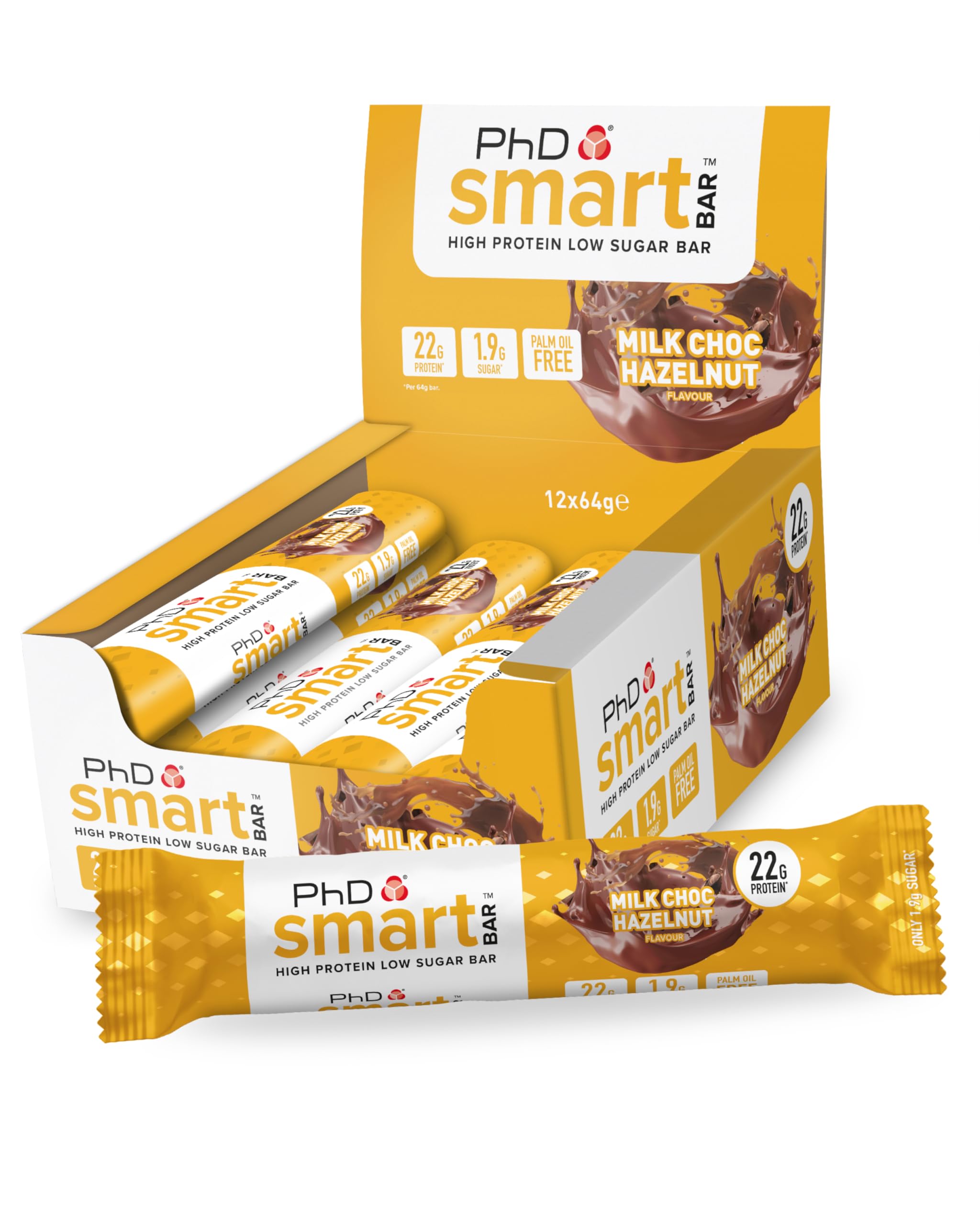 PhD Smart Hight Protein Bar Low Sugar, Nutritional Protein Bars/Protein Snacks, Chocolate Raspberry Flavour, 20g of Protein, 64g Bar (12 Pack)