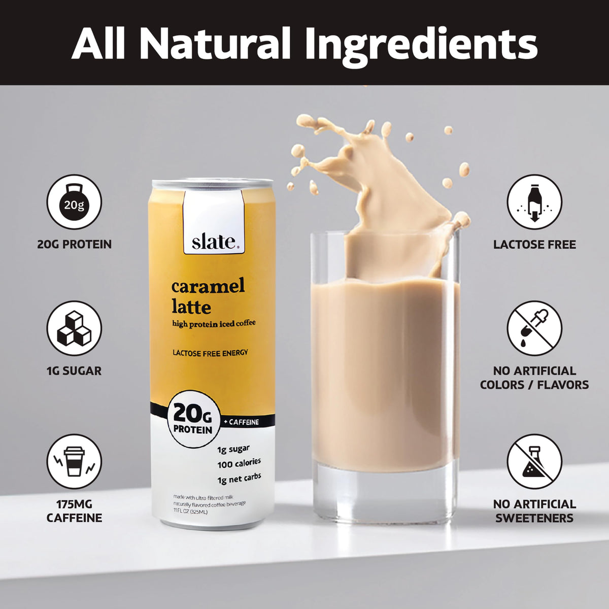 Slate Milk - High Protein Milk Shake - French Vanilla - Lactose Free, 20g Protein, 1g Sugar, 100 Calories, 1g Net Carbs, No Added Sugar - Natural, Breakfast Boost, Post Workout - 11 fl oz, 12 Cans