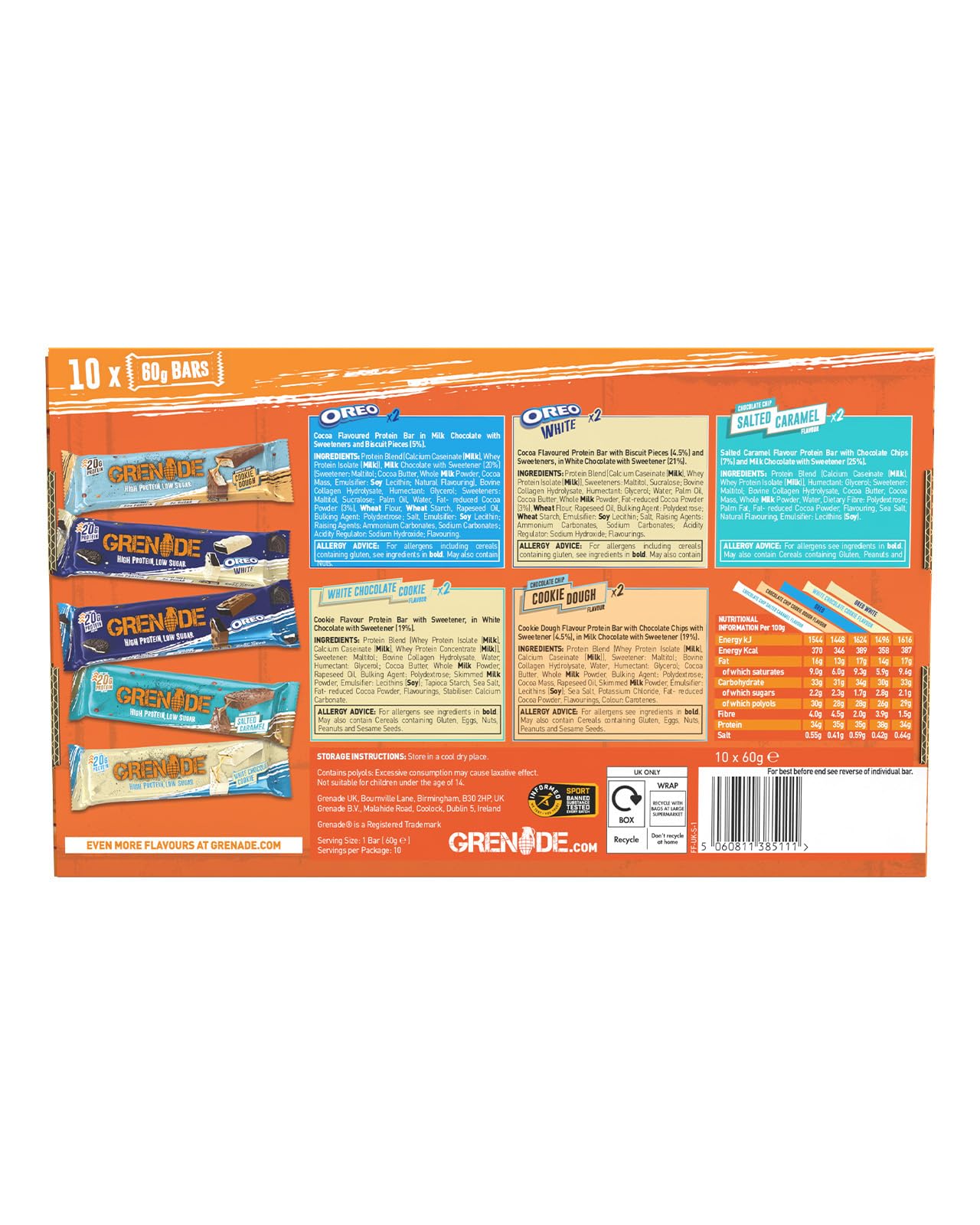 Grenade OREO White High Protein, Low Sugar Bars, 12 x 60 g – 21 g Protein per Snack Bar with Crunchy OREO Pieces & White Chocolate Coating