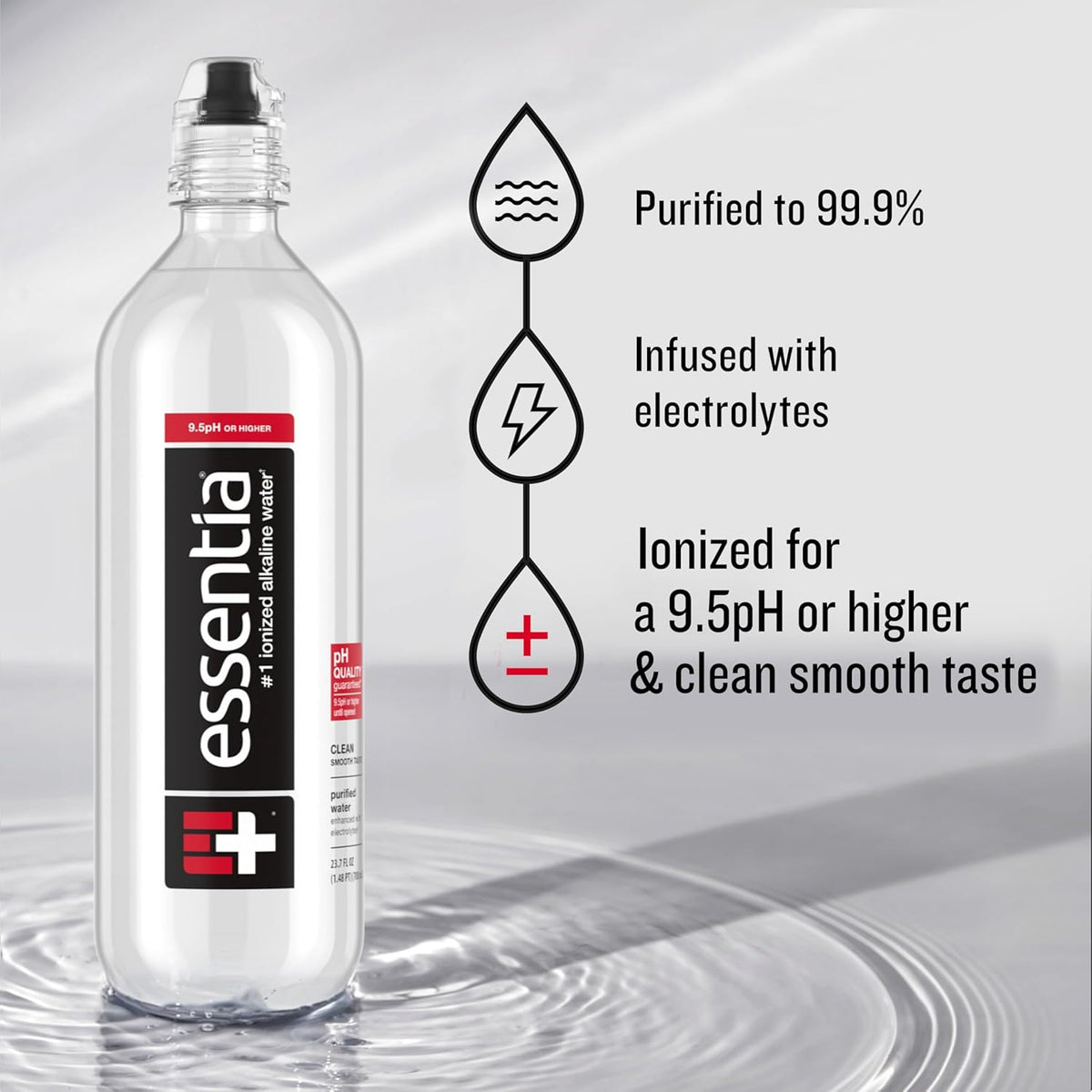 Essentia Water LLC, Ionized Alkaline Bottled Water; 99.9% Pure, Infused with Electrolytes, 9.5 pH or Higher with a Clean, Smooth Taste, 23.67 Fl Oz (Pack of 24)