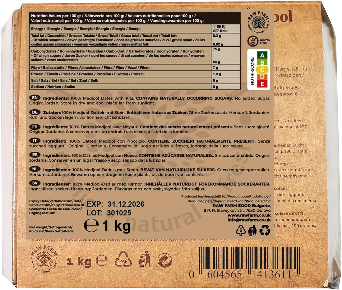 Raw Farm - Raw Fresh Medjool Dates With Pits 1 kg – Large Size, Naturally Sweet & Juicy, No Added Sugar, Preservatives or Additives, Premium Quality Vegan Snack