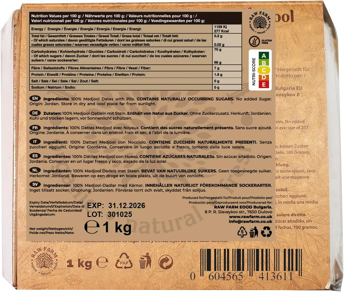 Raw Farm - Raw Fresh Medjool Dates With Pits 1 kg – Large Size, Naturally Sweet & Juicy, No Added Sugar, Preservatives or Additives, Premium Quality Vegan Snack