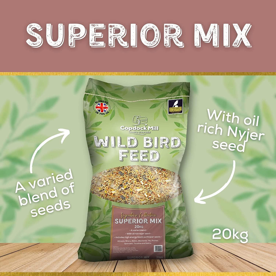 Copdock Mill Wild Bird Seed Superior Mix 20kg - All Year-Round Bird Seeds for Small Garden Birds - 100% Natural Nutritional Feed with Black Sunflower and Nyjer Seeds