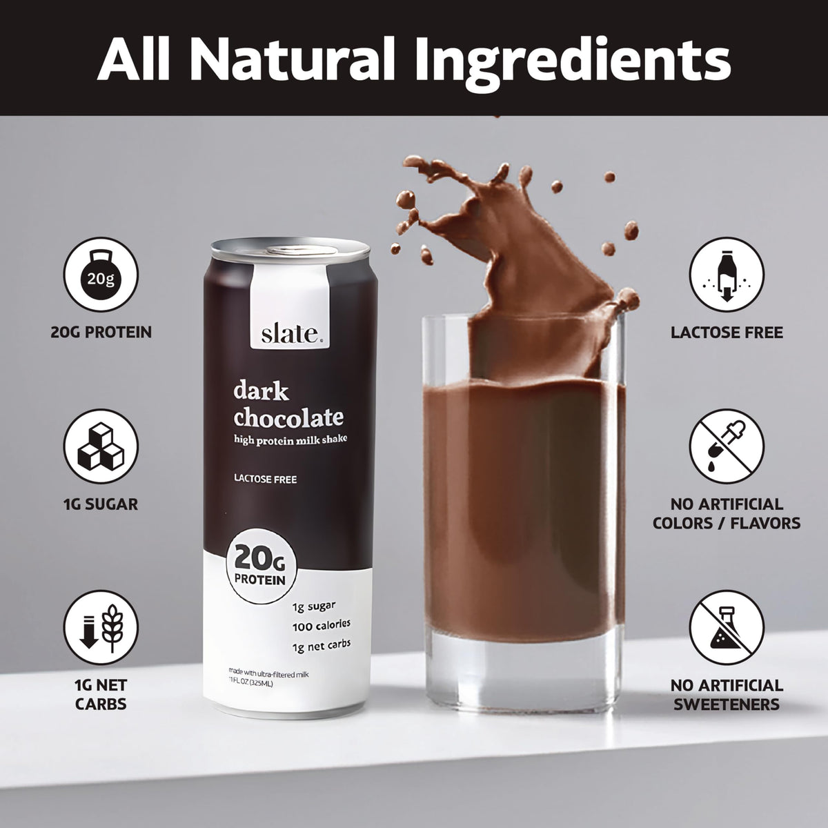 Slate Milk - High Protein Milk Shake - French Vanilla - Lactose Free, 20g Protein, 1g Sugar, 100 Calories, 1g Net Carbs, No Added Sugar - Natural, Breakfast Boost, Post Workout - 11 fl oz, 12 Cans