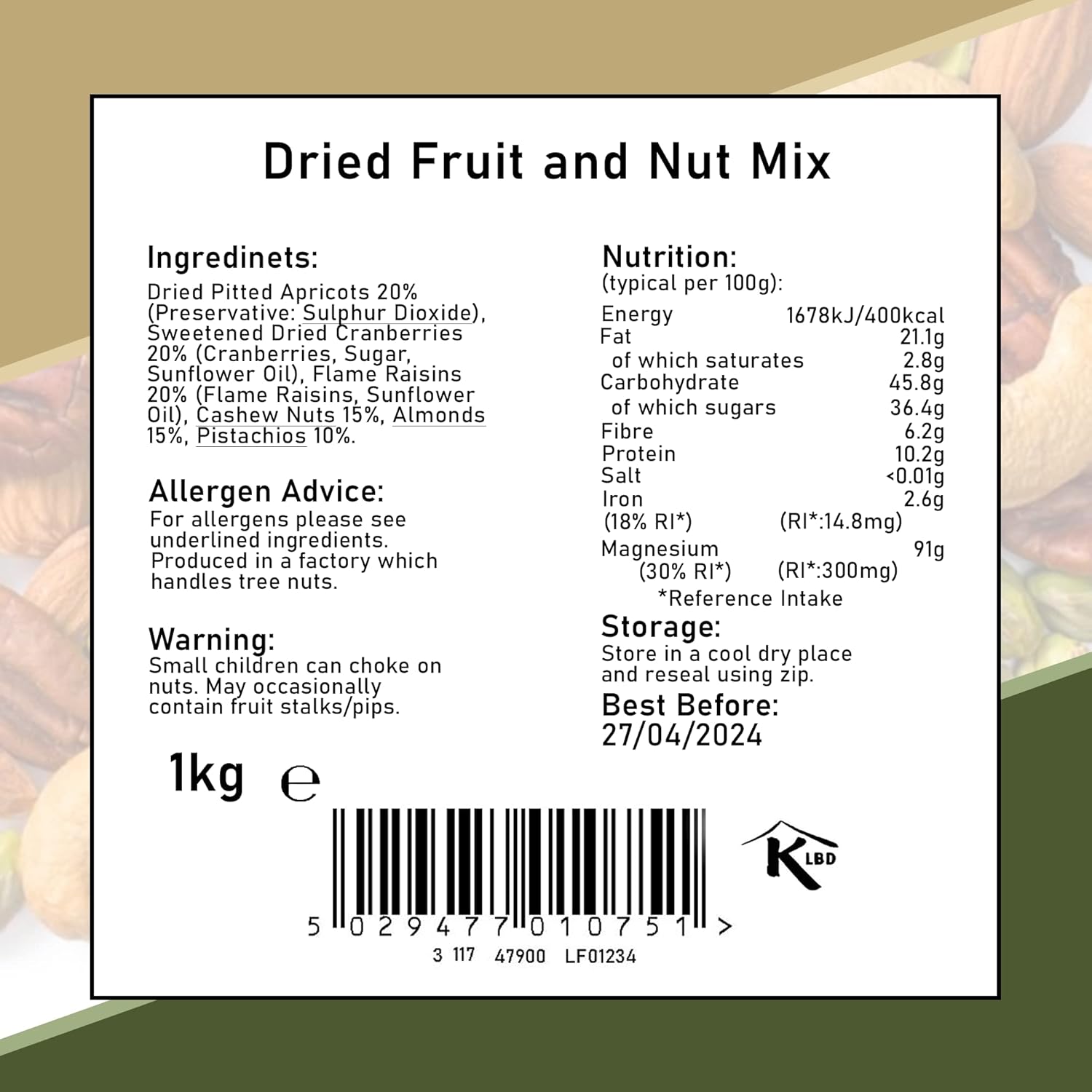 Zeina Succulent Dried Fruit and Nut Mix (1Kg) - Premium Quality Healthy Snacks with Jumbo Flame Raisins, Apricots, Cranberries, Almonds, Cashews and Pistachios, Suitable for Healthy Vegan Diets