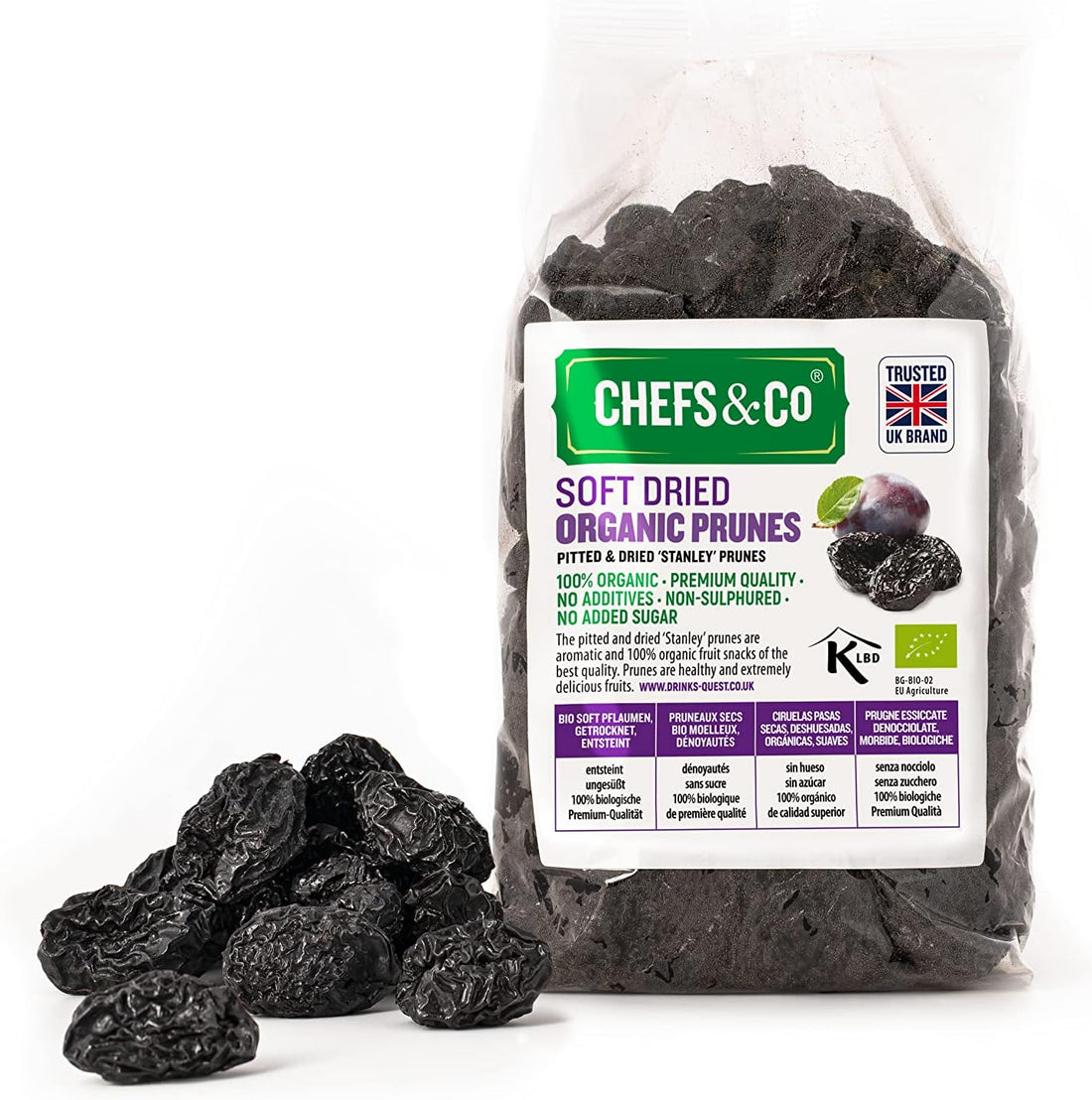 CHEFS & CO Soft Dried Prunes (pitted) | Whole Dried Fruits | Healthy Snack | Vegan & Vitamins Retained | Unsorbated | No Added Sugar (ORGANIC, 400 g (Pack of 1)))