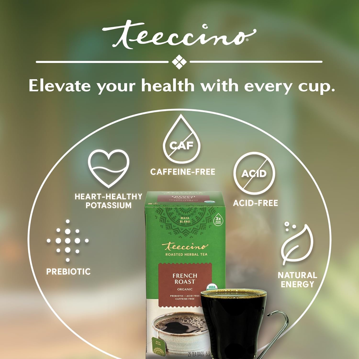 Teeccino French Roast Herbal Tea - Rich & Roasted Herbal Tea That’s Caffeine Free & Prebiotic for Natural Energy, Coffee Alternative, 25 Tea Bags